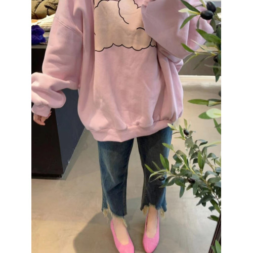 韓國東大門2025秋冬新款小嬭狗印花設計加絨粉色圓領寬鬆長袖衛衣