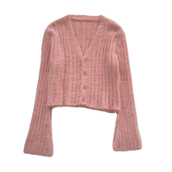 仿水貂毛V領單排釦粉色針織開衫女2024年秋裝韓版百搭短款上衣潮