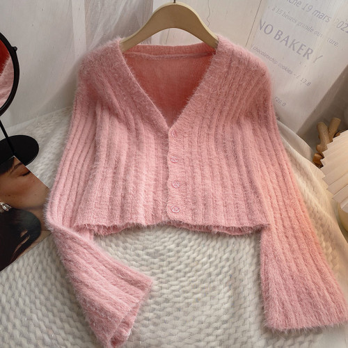 仿水貂毛V領單排釦粉色針織開衫女2024年秋裝韓版百搭短款上衣潮