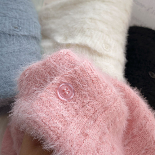 仿水貂毛V領單排釦粉色針織開衫女2024年秋裝韓版百搭短款上衣潮