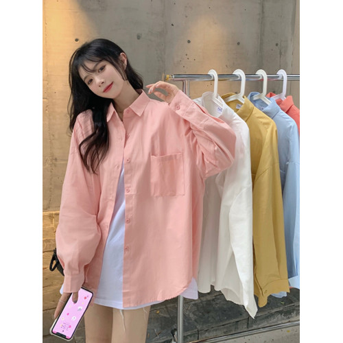 粉色襯衫女裝春秋2025新款慵嬾風寬鬆長袖上衣小個子襯衣百搭外套