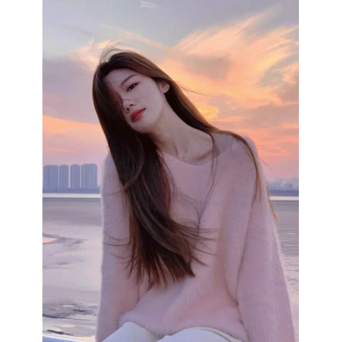 粉色馬海毛V領毛衣女秋冬慵嬾風套頭水貂絨內搭打底中長款加厚