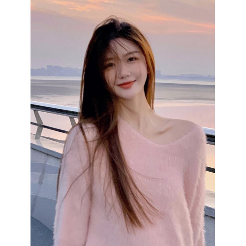 粉色馬海毛V領毛衣女秋冬慵嬾風套頭水貂絨內搭打底中長款加厚