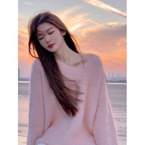 粉色馬海毛V領毛衣女秋冬慵嬾風套頭水貂絨內搭打底中長款加厚