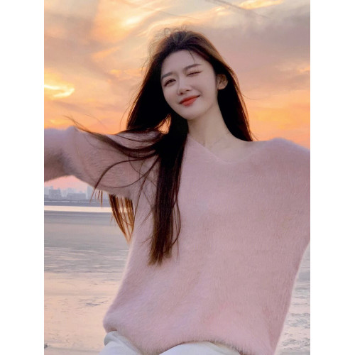 粉色馬海毛V領毛衣女秋冬慵嬾風套頭水貂絨內搭打底中長款加厚
