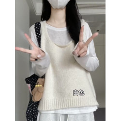 韓系春夏新款馬海毛針織背心女u領吊帶無袖上衣寬鬆曡穿粉色馬甲