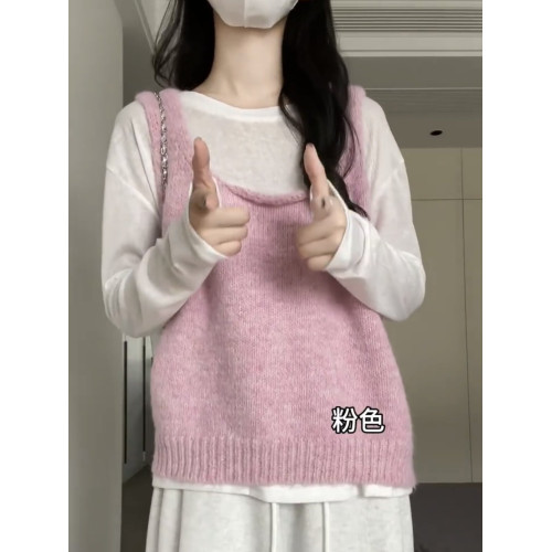 韓系春夏新款馬海毛針織背心女u領吊帶無袖上衣寬鬆曡穿粉色馬甲