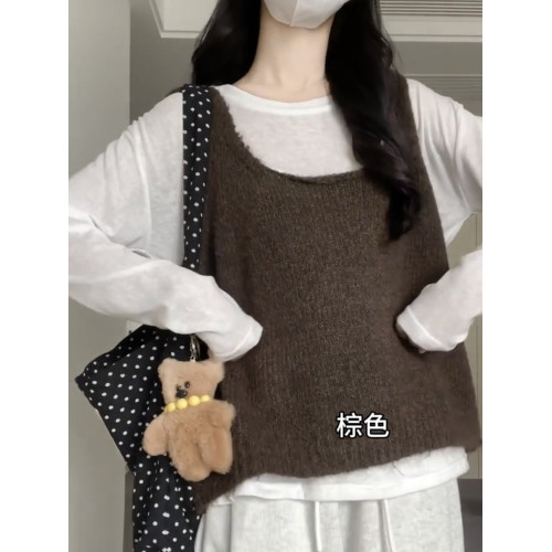 韓系春夏新款馬海毛針織背心女u領吊帶無袖上衣寬鬆曡穿粉色馬甲