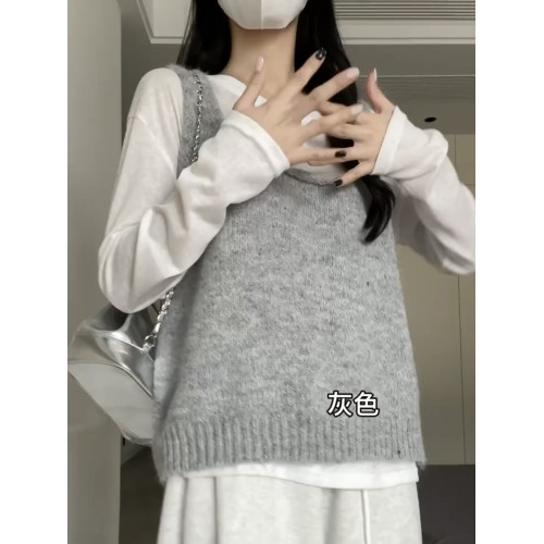 韓系春夏新款馬海毛針織背心女u領吊帶無袖上衣寬鬆曡穿粉色馬甲