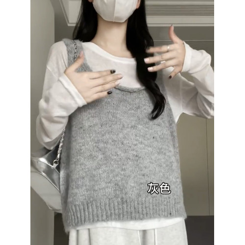 韓系春夏新款馬海毛針織背心女u領吊帶無袖上衣寬鬆曡穿粉色馬甲