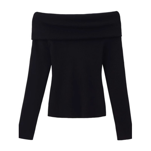 溫柔鎖骨一字肩粉色針織衫女裝秋冬毛衣打底衫黑色一字領露肩上衣