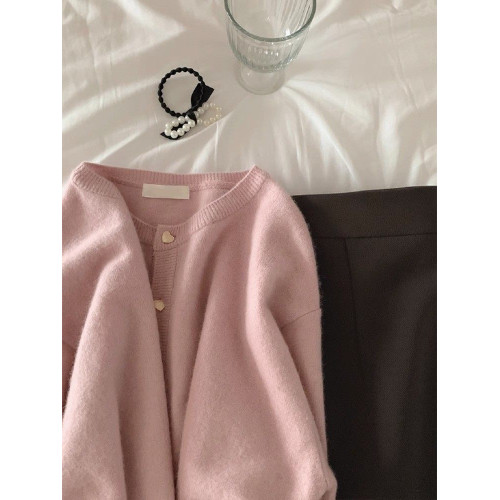 粉色軟糯針織開衫女秋冬漂亮高級感超好看上衣小香風圓領毛衣外套