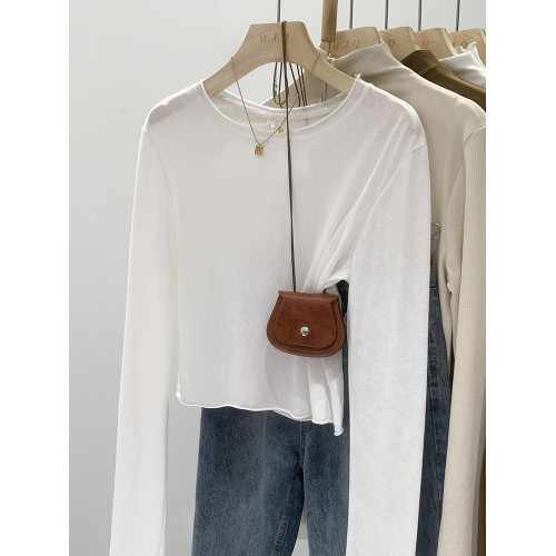 粉色卷邊圓領打底衫正肩短款長袖T恤女秋季2026新款辣妹內搭上衣