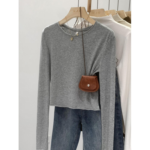 粉色卷邊圓領打底衫正肩短款長袖T恤女秋季2026新款辣妹內搭上衣