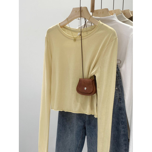 粉色卷邊圓領打底衫正肩短款長袖T恤女秋季2026新款辣妹內搭上衣