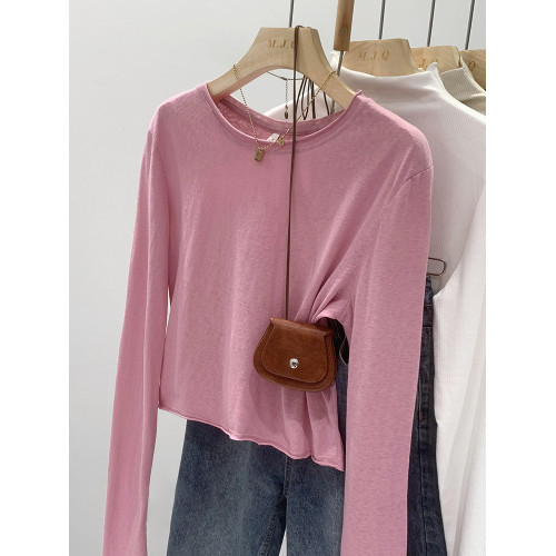 粉色卷邊圓領打底衫正肩短款長袖T恤女秋季2026新款辣妹內搭上衣