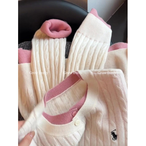 Grow freely 粉色假兩件刺綉麻花針織開衫秋季溫柔減齡軟糯毛衣女