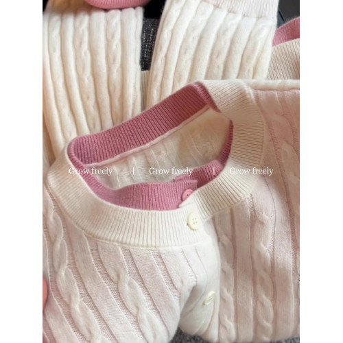 Grow freely 粉色假兩件刺綉麻花針織開衫秋季溫柔減齡軟糯毛衣女