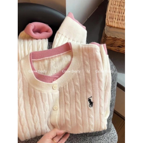 Grow freely 粉色假兩件刺綉麻花針織開衫秋季溫柔減齡軟糯毛衣女