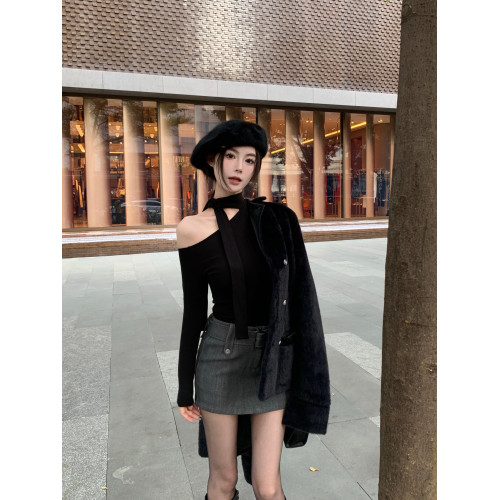 系帶斜領內搭長袖T恤女冬季修身粉色韓版打底衫純欲緊身露肩上衣