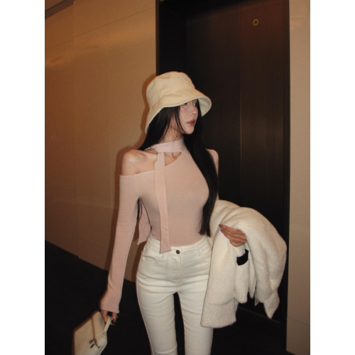 系帶斜領內搭長袖T恤女冬季修身粉色韓版打底衫純欲緊身露肩上衣