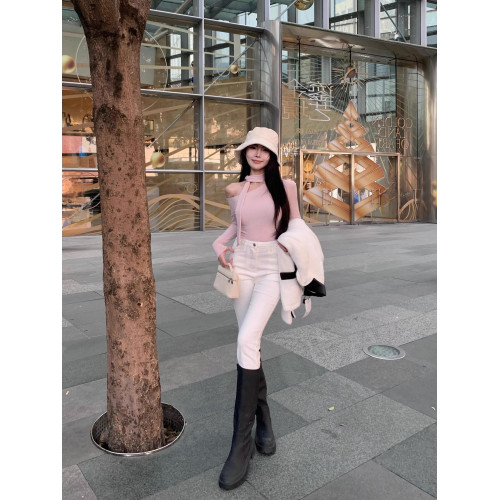 系帶斜領內搭長袖T恤女冬季修身粉色韓版打底衫純欲緊身露肩上衣