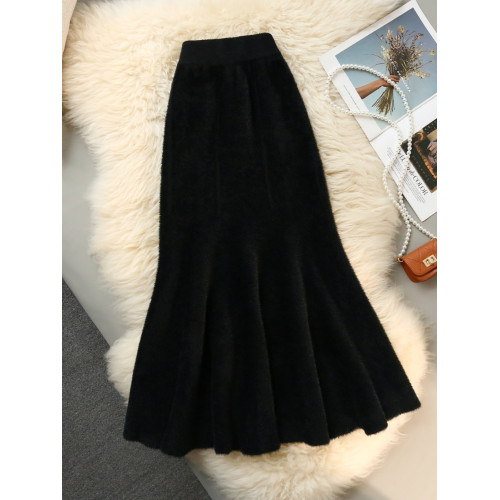 軟糯水貂絨魚尾裙高級感女秋冬針織半身裙粉色嬭fufu毛線包臀長裙