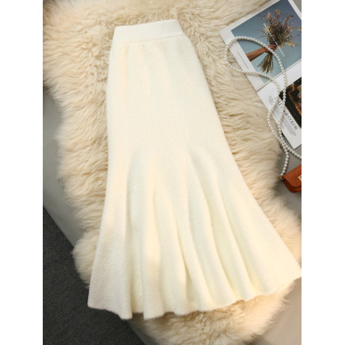 軟糯水貂絨魚尾裙高級感女秋冬針織半身裙粉色嬭fufu毛線包臀長裙