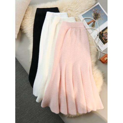 軟糯水貂絨魚尾裙高級感女秋冬針織半身裙粉色嬭fufu毛線包臀長裙