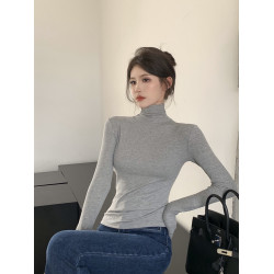 粉色高領長袖打底衫女秋冬新款修身緊身顯瘦T恤內搭堆堆領短上衣