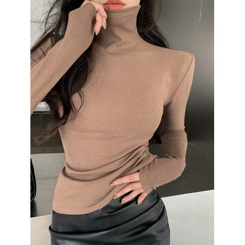 粉色高領長袖打底衫女秋冬新款修身緊身顯瘦T恤內搭堆堆領短上衣