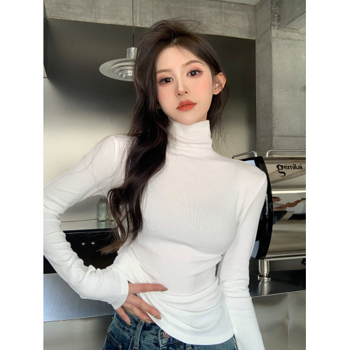 粉色高領長袖打底衫女秋冬新款修身緊身顯瘦T恤內搭堆堆領短上衣