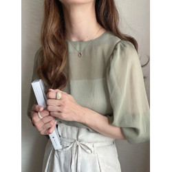 甜美韓國時尚圓領透視粉色寬鬆燈籠長袖雪紡衫防曬衣海邊沙灘罩衫