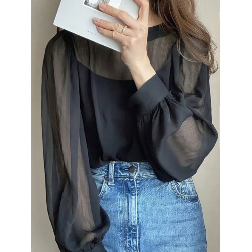 甜美韓國時尚圓領透視粉色寬鬆燈籠長袖雪紡衫防曬衣海邊沙灘罩衫 甜美韓國時尚圓領透視粉色寬鬆燈籠長袖雪紡衫防曬衣海邊沙灘罩衫