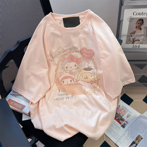 嬭系軟妹可愛粉色純棉短袖t恤女夏季寬鬆vintage洋氣減齡半袖上衣