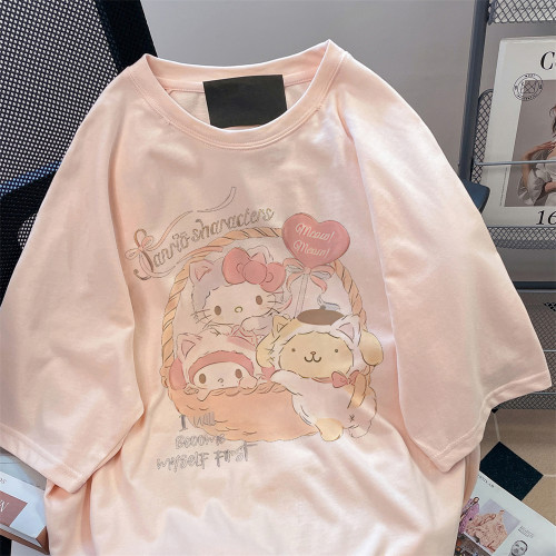 嬭系軟妹可愛粉色純棉短袖t恤女夏季寬鬆vintage洋氣減齡半袖上衣