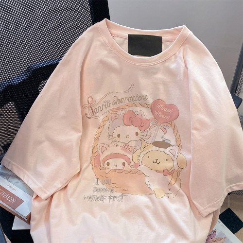 嬭系軟妹可愛粉色純棉短袖t恤女夏季寬鬆vintage洋氣減齡半袖上衣