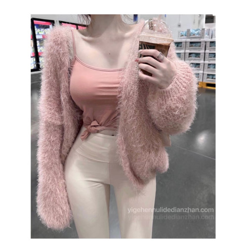 秀智風溫柔純欲毛絨絨外套軟糯慵嬾秋冬寬鬆甜美粉色毛毛針織開衫