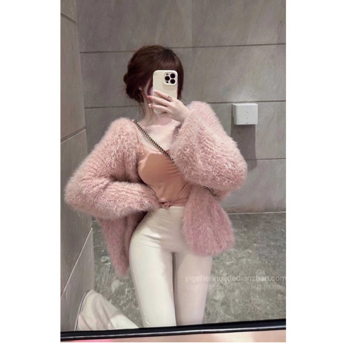 秀智風溫柔純欲毛絨絨外套軟糯慵嬾秋冬寬鬆甜美粉色毛毛針織開衫
