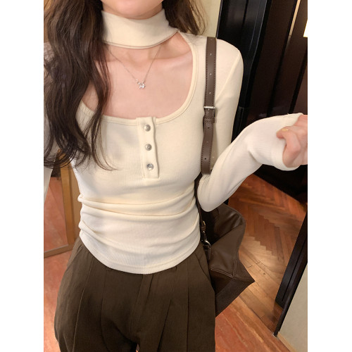 今年流行高級感粉色掛脖方領長袖上衣女冬2026新款爆款內搭打底衫