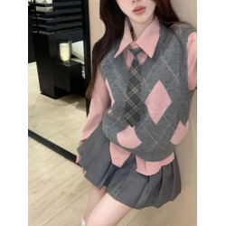 學院風粉色菱格針織馬甲女春秋外搭毛衣背心曡穿襯衫jk製服兩件套