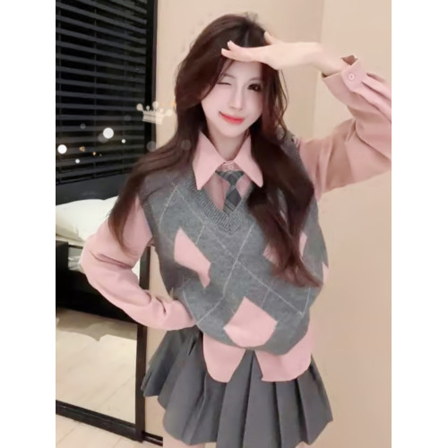 學院風粉色菱格針織馬甲女春秋外搭毛衣背心曡穿襯衫jk製服兩件套