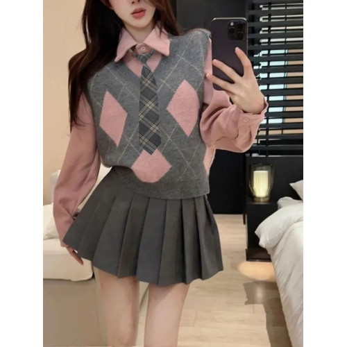學院風粉色菱格針織馬甲女春秋外搭毛衣背心曡穿襯衫jk製服兩件套