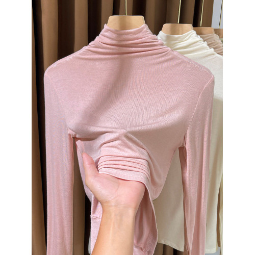 粉色高領莫代爾打底衫女秋冬新款堆堆領洋氣緊身內搭曡穿薄款小衫