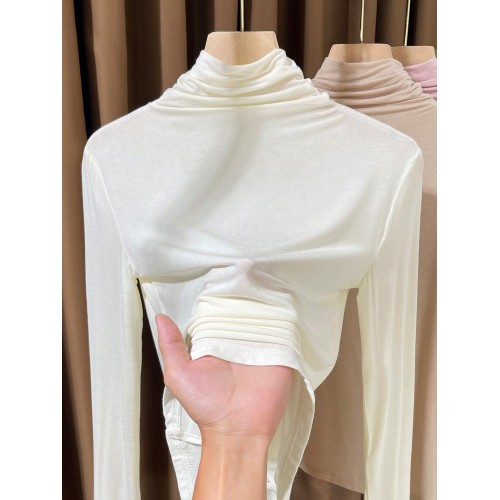 粉色高領莫代爾打底衫女秋冬新款堆堆領洋氣緊身內搭曡穿薄款小衫