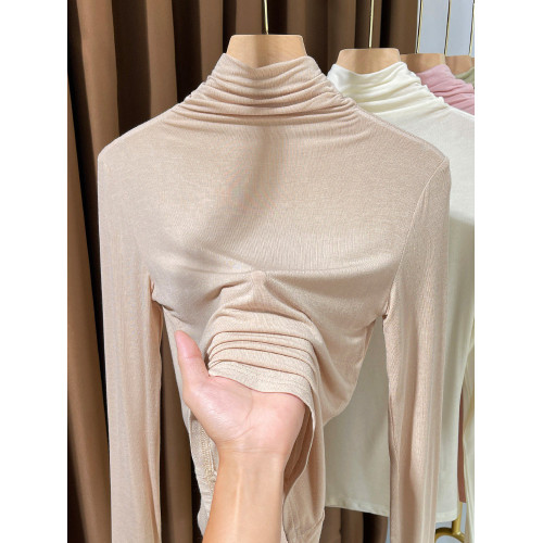 粉色高領莫代爾打底衫女秋冬新款堆堆領洋氣緊身內搭曡穿薄款小衫