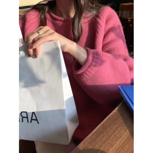 枚紅色毛衣春秋玫粉色針織罩衫中長款法式內搭慵嬾風上衣女秋冬厚