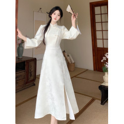 高級國風改良旗袍日常可穿春秋大碼胖mm新中式精緻盤釦粉色連衣裙