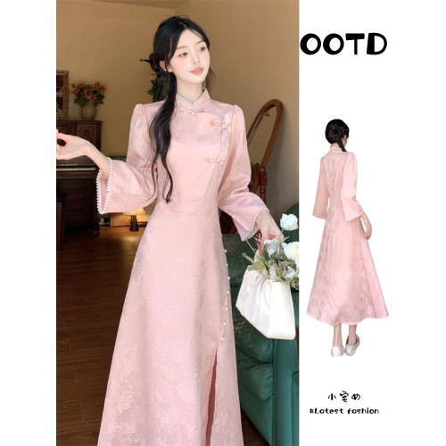 高級國風改良旗袍日常可穿春秋大碼胖mm新中式精緻盤釦粉色連衣裙