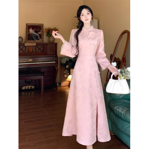 高級國風改良旗袍日常可穿春秋大碼胖mm新中式精緻盤釦粉色連衣裙